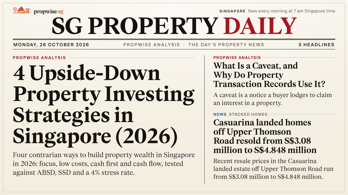 Front page of SG Property Daily, 26 October 2026, with the day’s headlines. Lead: 4 Upside-Down Property Investing Strategies in Singapore (2026)