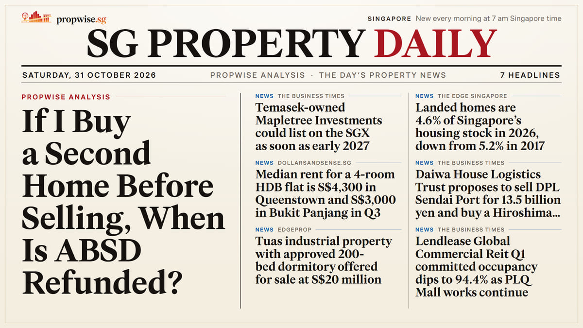 Front page of SG Property Daily, 31 October 2026, with the day’s headlines. Lead: If I Buy a Second Home Before Selling, When Is ABSD Refunded?