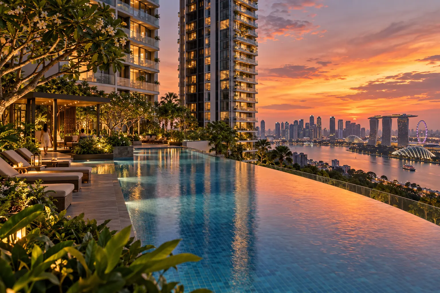Swimming pool and landscaped deck of a Singapore condominium surrounded by apartment towers