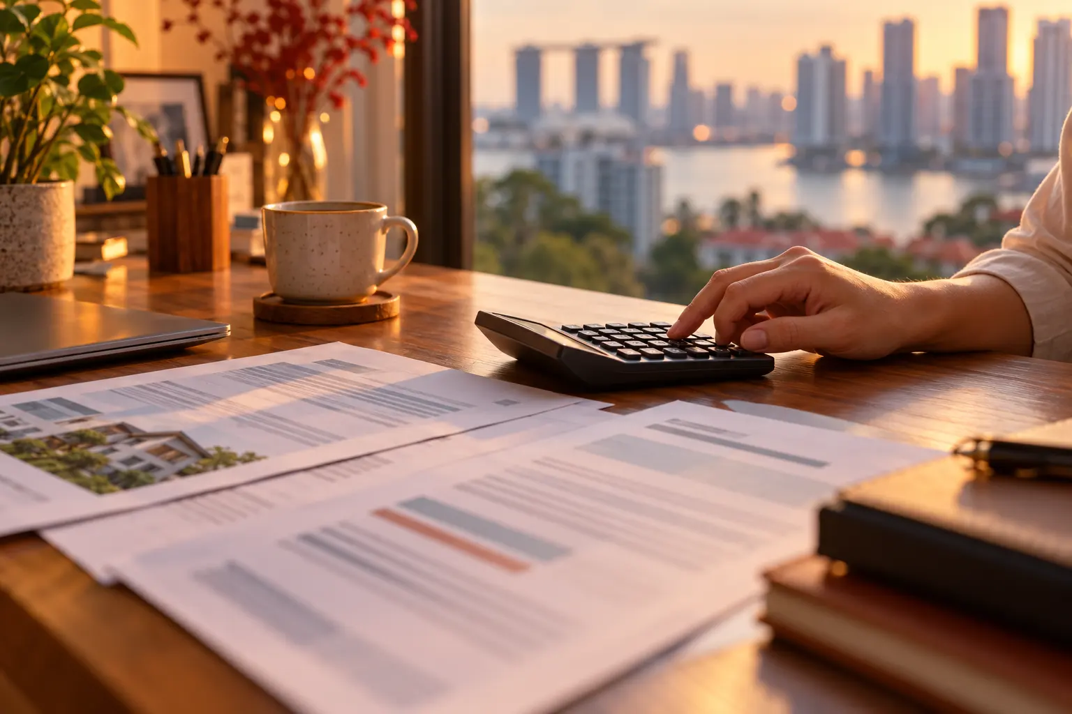 Calculator and mortgage paperwork on a desk