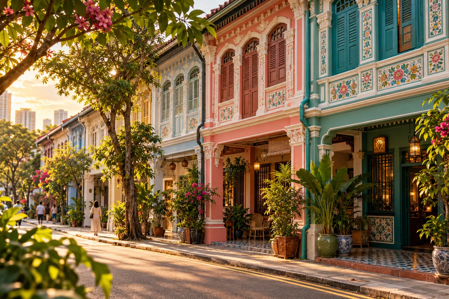 A row of restored pastel shophouses on a quiet tree-lined Singapore street in the evening light