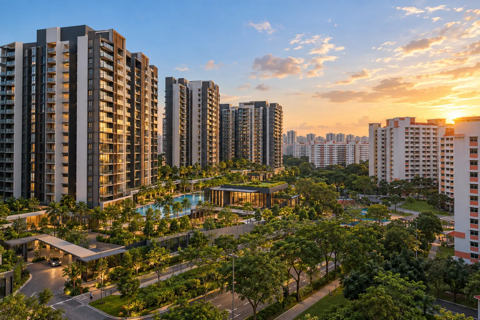 New executive condominium towers with a pool and gardens beside older HDB blocks at sunset