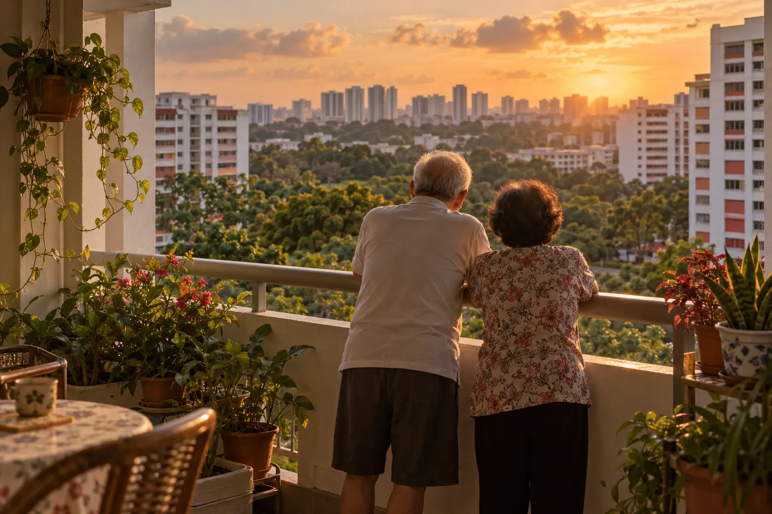 Older Singaporean couple at home in their flat, reviewing retirement and housing plans
