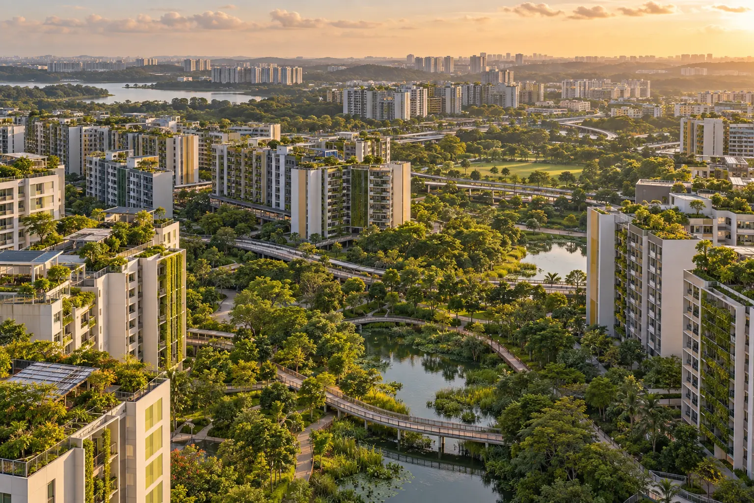 Aerial view of a green new HDB town with blocks, park connectors and waterways