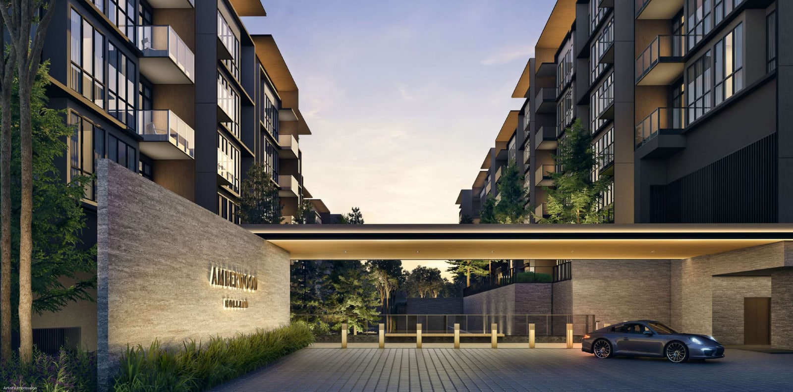 Artist's impression of the arrival plaza at dusk, with the Amberwood sign wall and a drop-off between two blocks