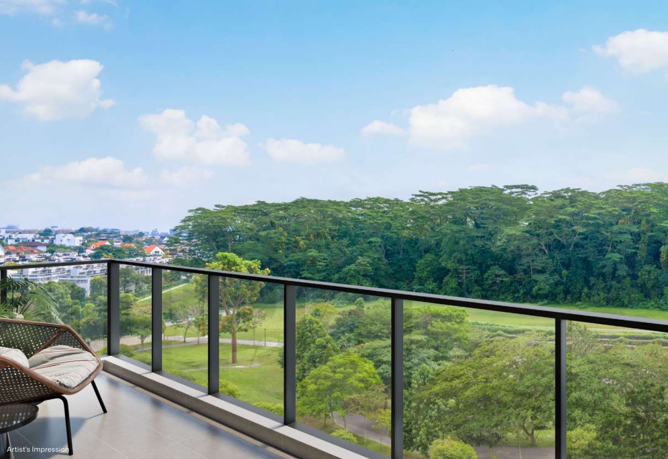 Artist's impression of the view from a balcony over Holland Green Linear Park and the bungalow enclave beyond