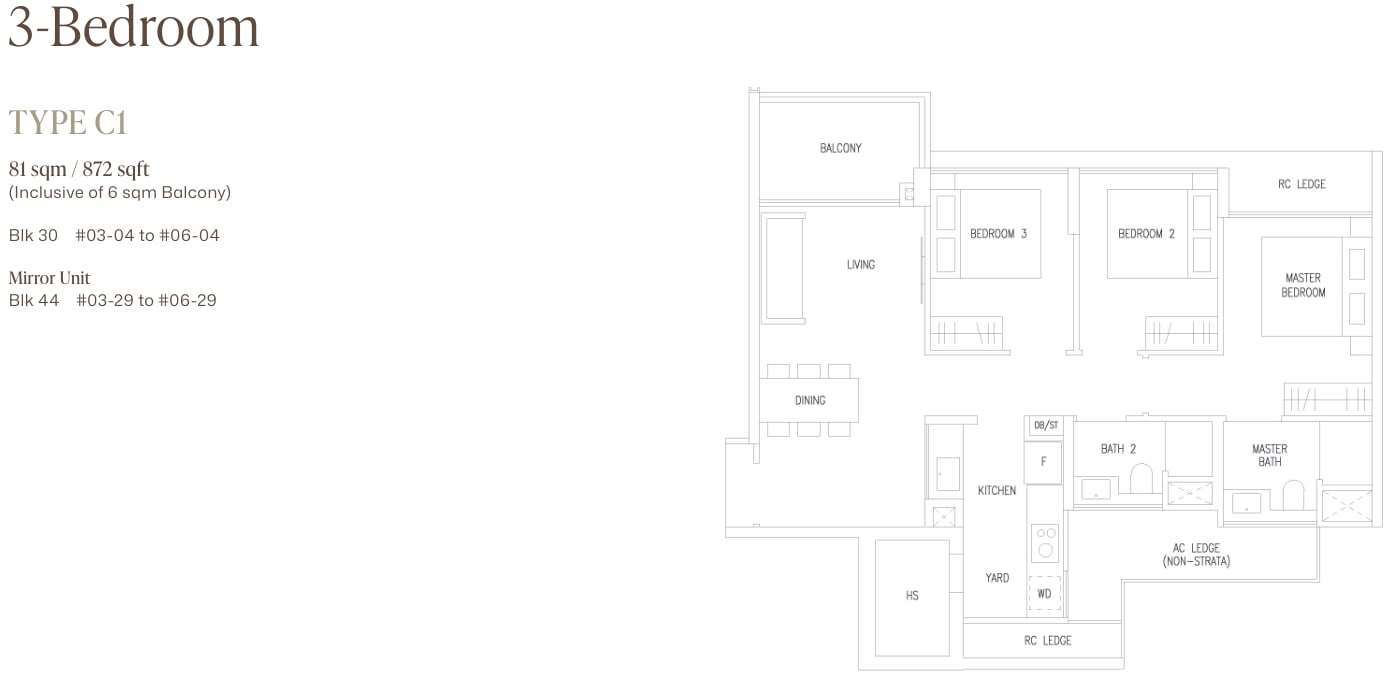 Floor plan of the 3-bedroom, type C1, 872 square feet