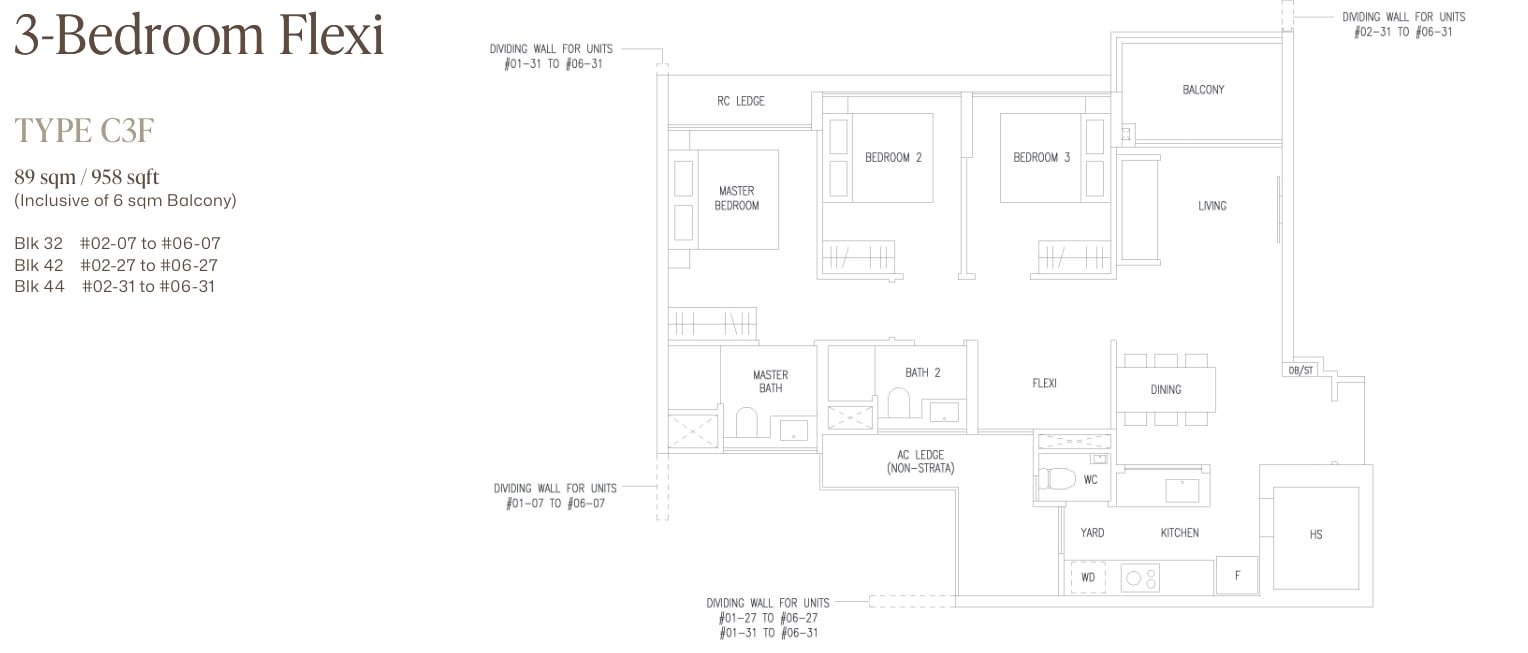 Floor plan of the 3-bedroom flexi, type C3F, 958 square feet