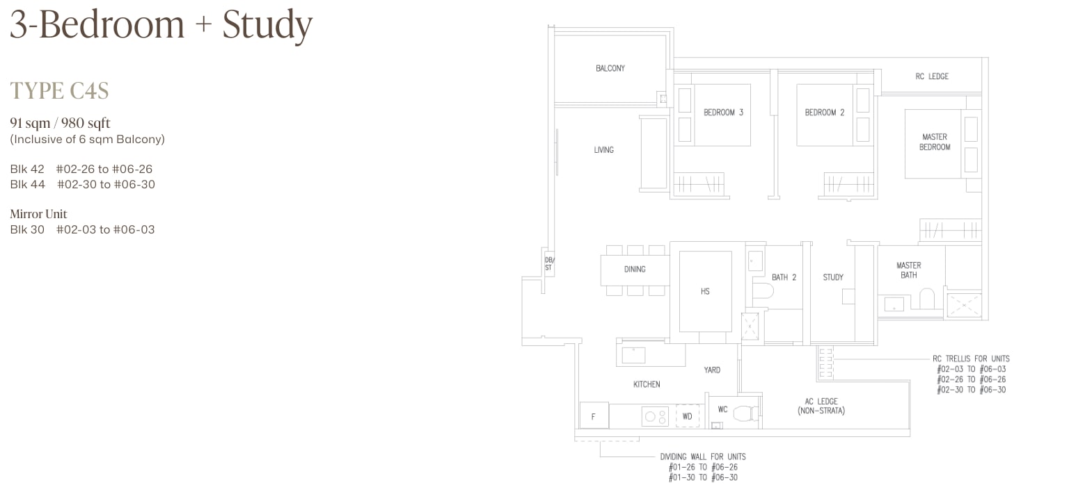 Floor plan of the 3-bedroom with study, type C4S, 980 square feet