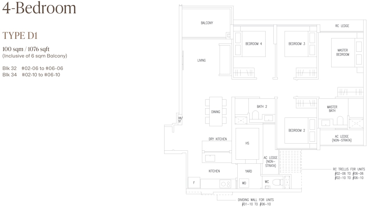 Floor plan of the 4-bedroom, type D1, 1,076 square feet