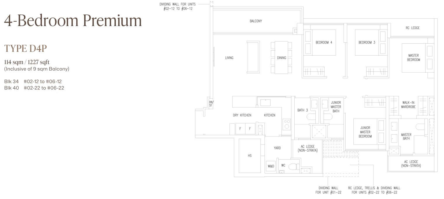 Floor plan of the 4-bedroom premium, type D4P, 1,227 square feet