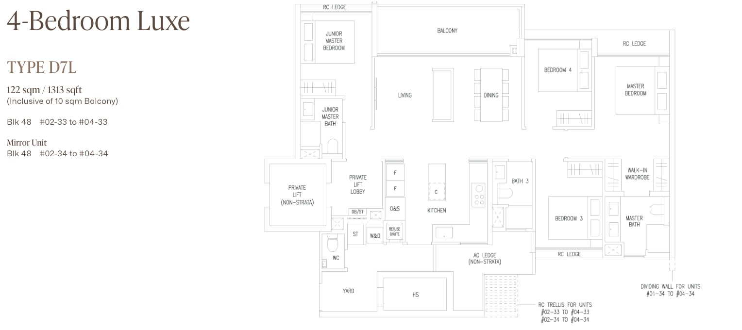 Floor plan of the 4-bedroom luxe with private lift, type D7L, 1,313 square feet
