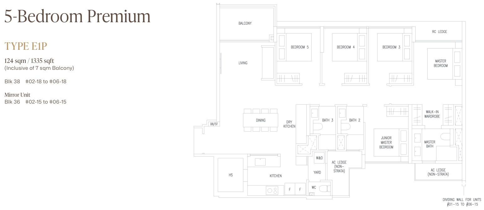Floor plan of the 5-bedroom premium, type E1P, 1,335 square feet