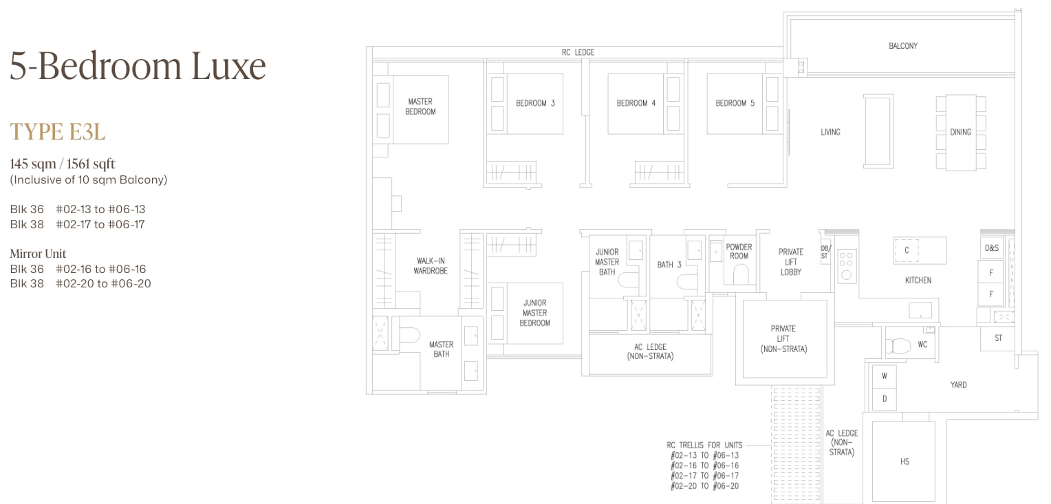 Floor plan of the 5-bedroom luxe with private lift, type E3L, 1,561 square feet