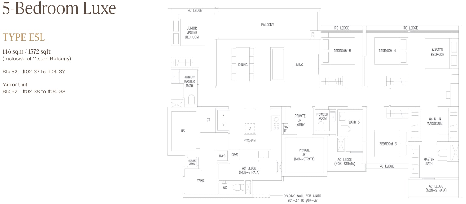 Floor plan of the 5-bedroom luxe with private lift, type E5L, 1,572 square feet, the largest home