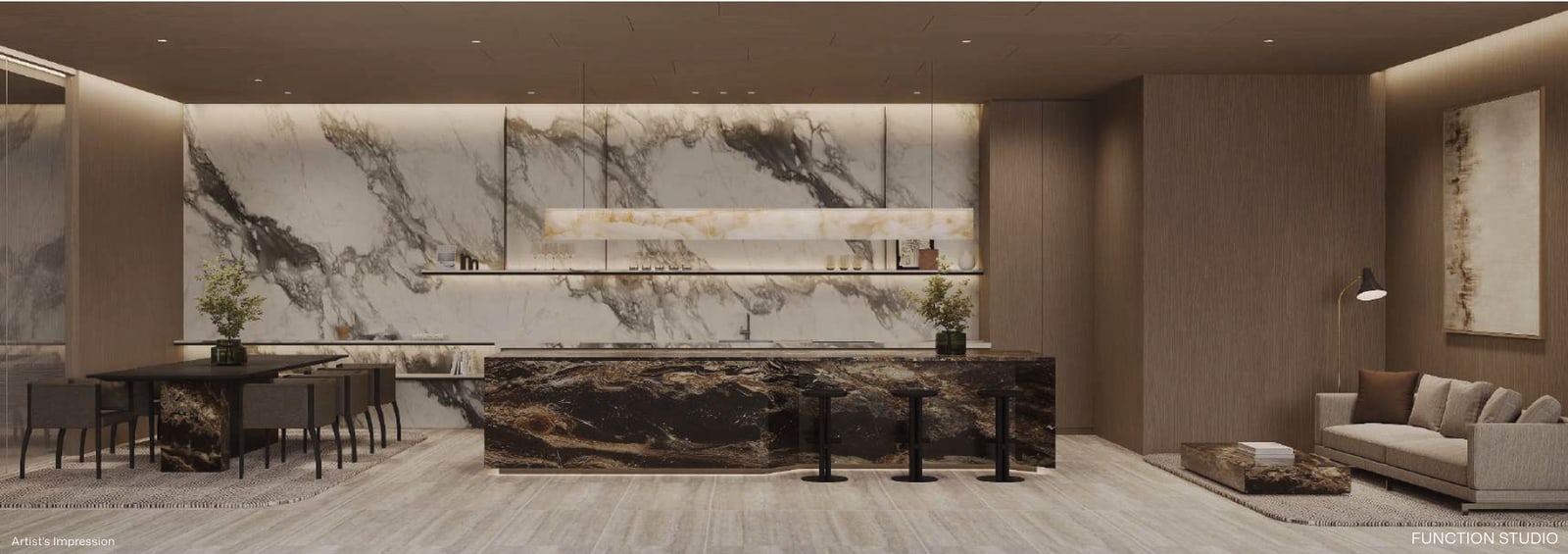 Artist's impression of the function studio interior with a marble wall, a kitchen island, a dining table and a sofa