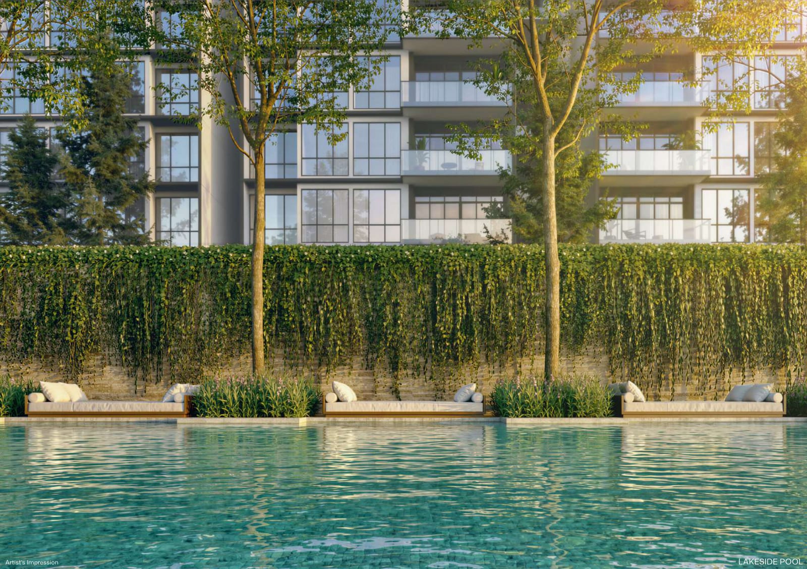 Artist's impression of the lakeside pool with day beds and a green wall below the blocks