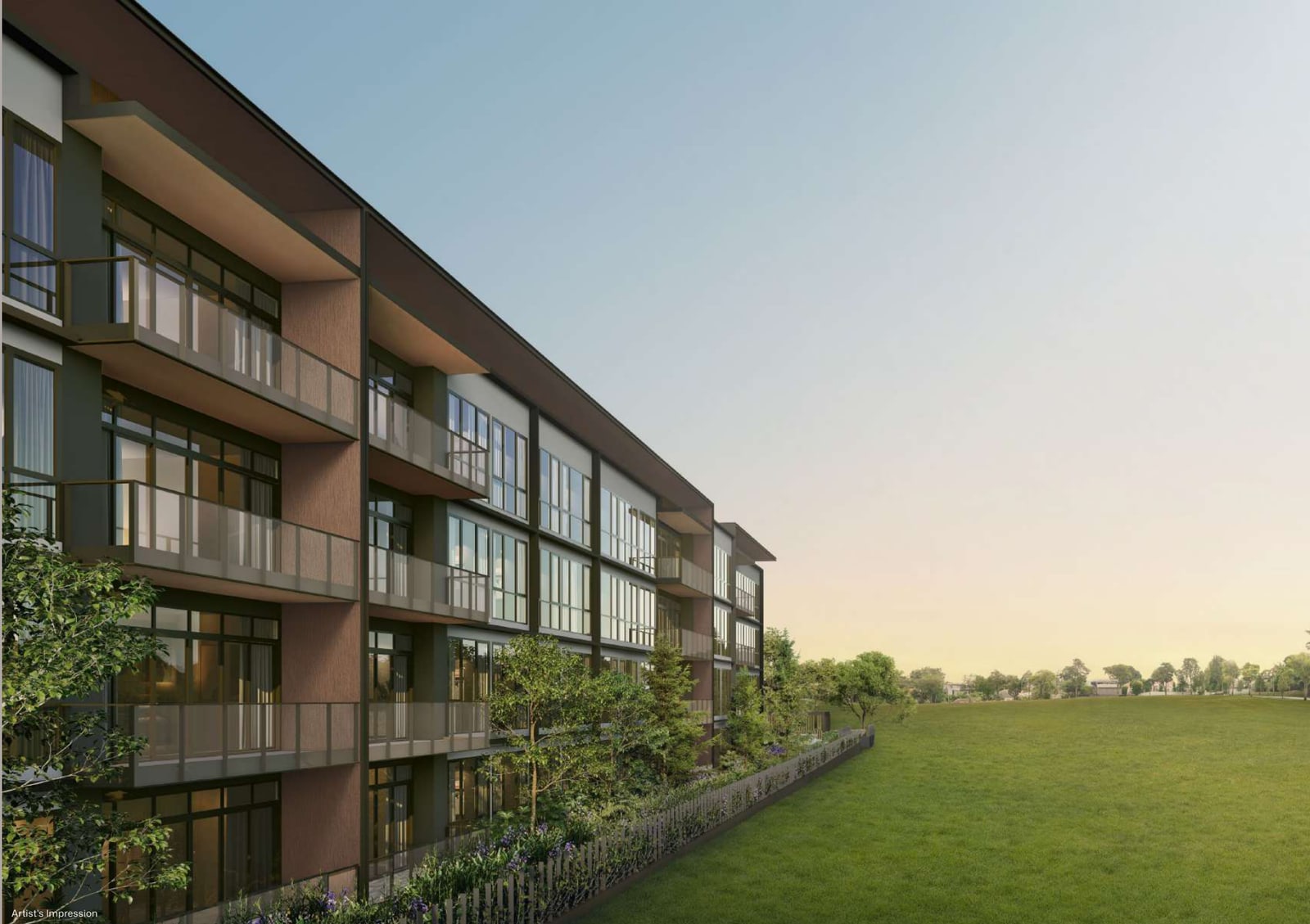Artist's impression of the low-rise blocks facing a lawn at dusk
