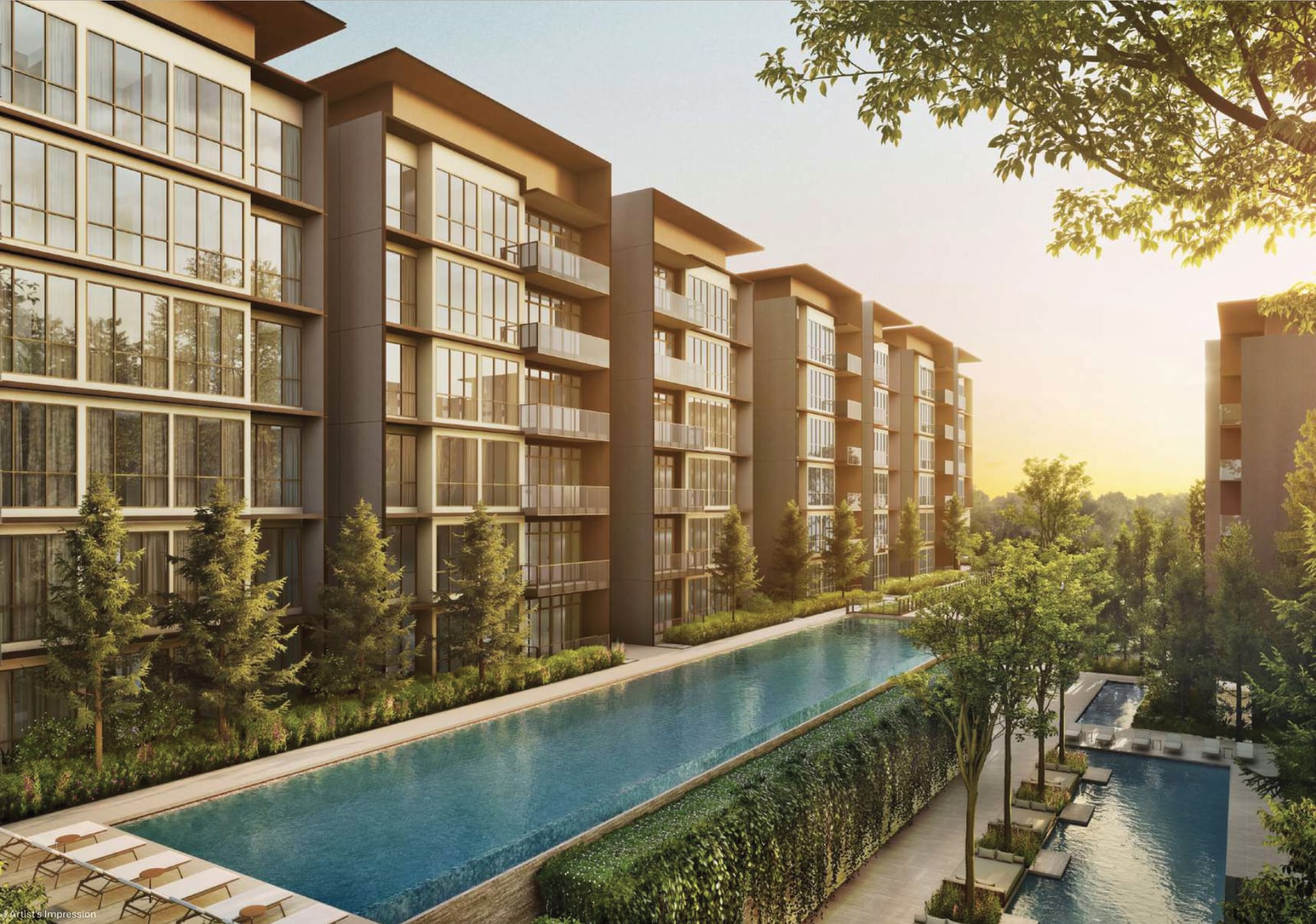 Artist's impression of the lap pool and lakeside pool with the residential blocks along one side