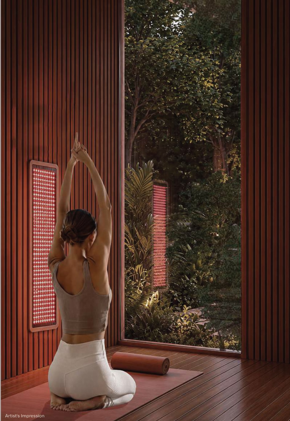 Artist's impression of the red light wellness room, with a timber-lined wall and a garden view