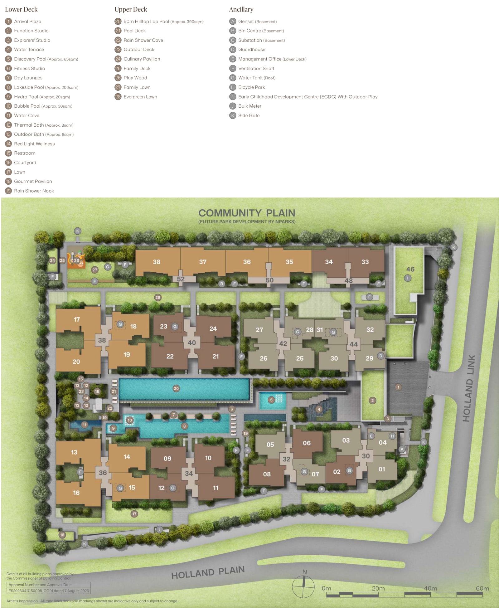Site plan of Amberwood at Holland with a numbered legend of the lower deck, upper deck and ancillary facilities
