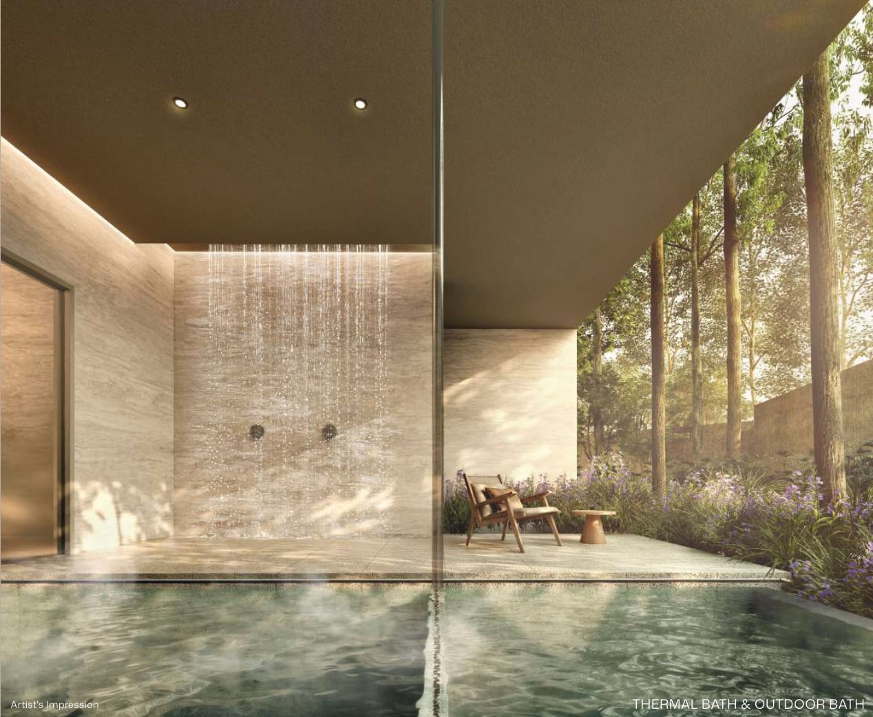 Artist's impression of the thermal bath and outdoor bath with a rain shower and a garden beyond