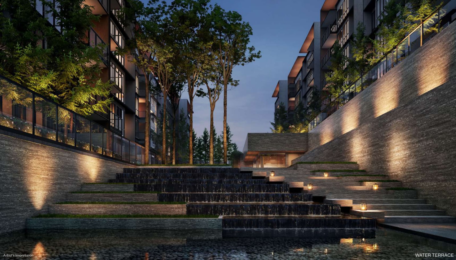 Artist's impression of the water terrace, a stepped water feature between the blocks at dusk