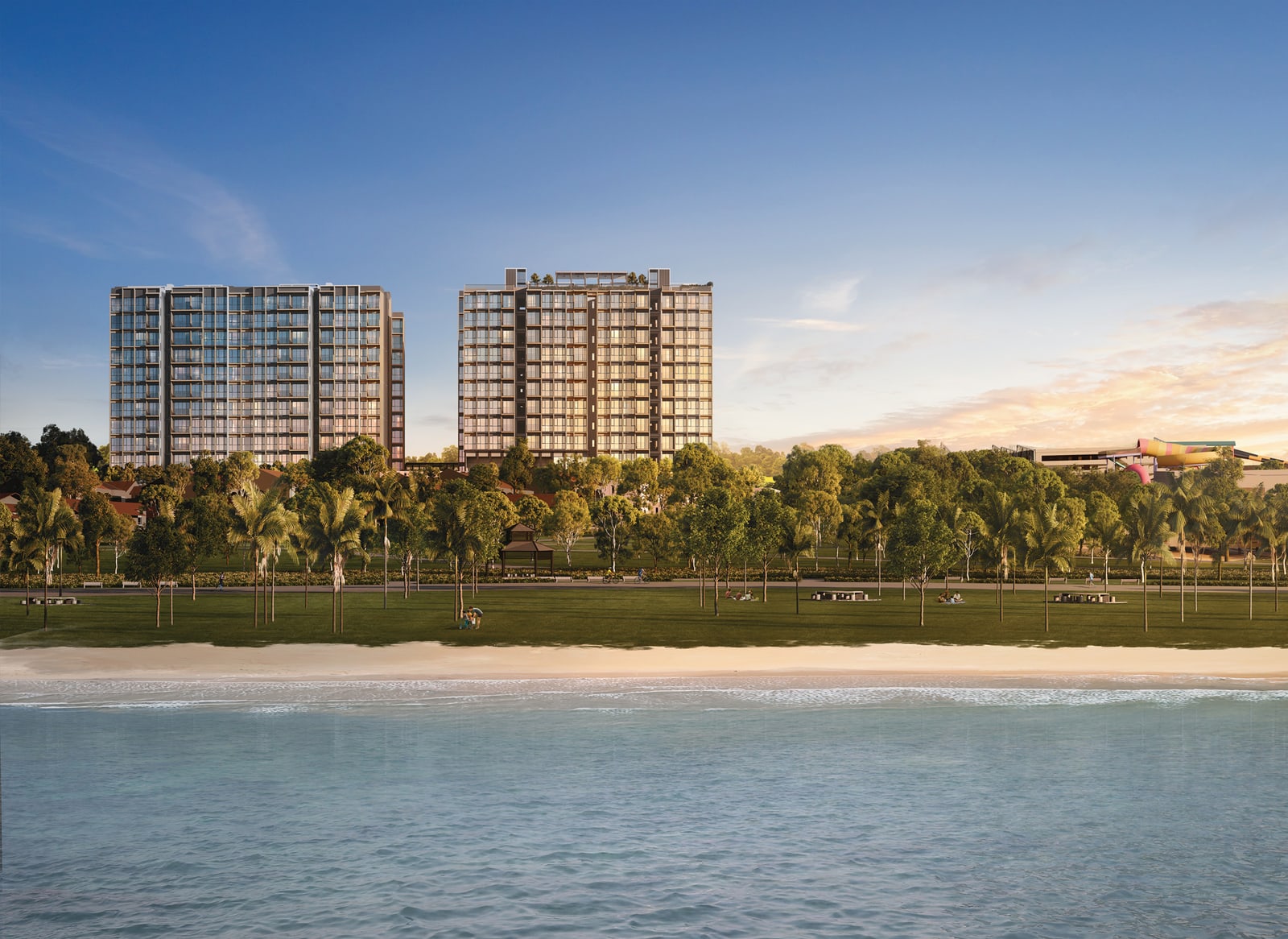 Artist's impression of two residential blocks seen across the beach and the sea