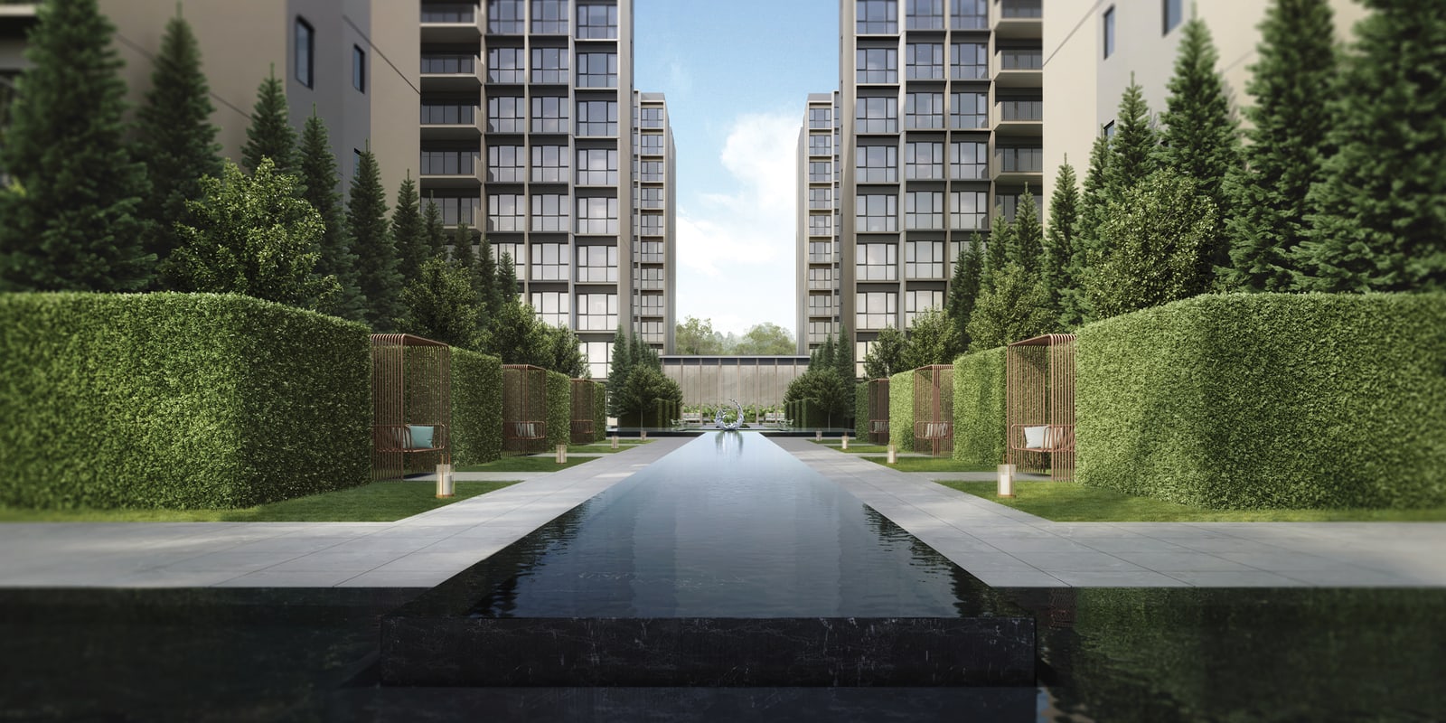 Artist's impression of the Grand Boulevard, a long water feature between hedges and two residential blocks