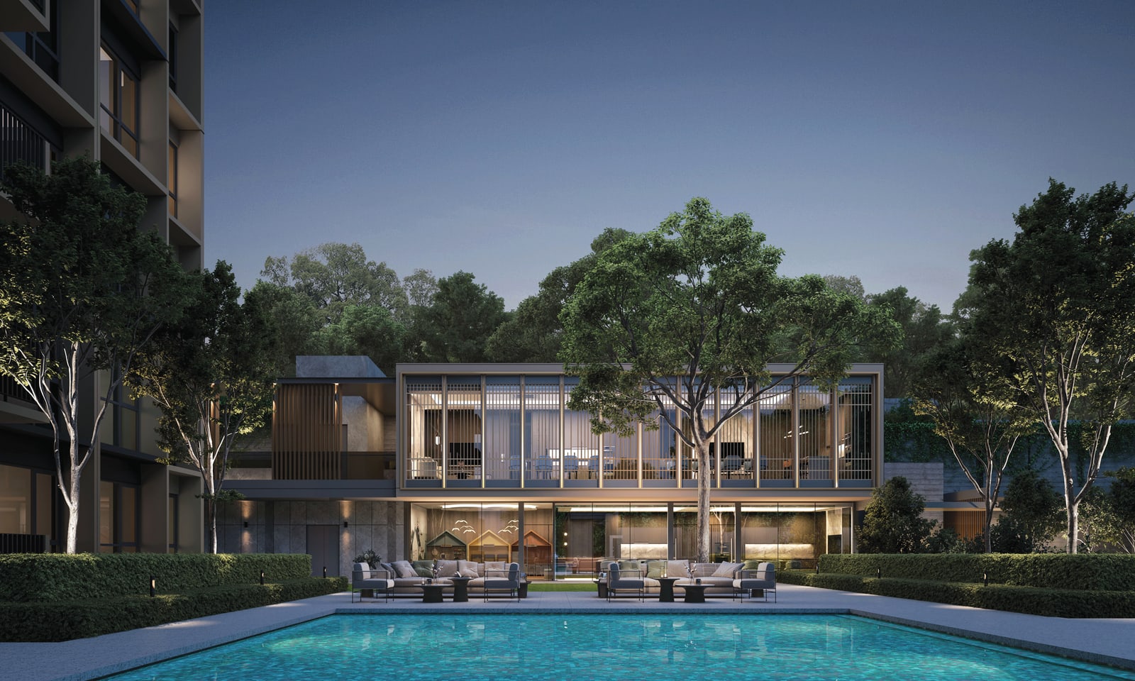 Artist's impression of the Coastal Club clubhouse above a pool at dusk