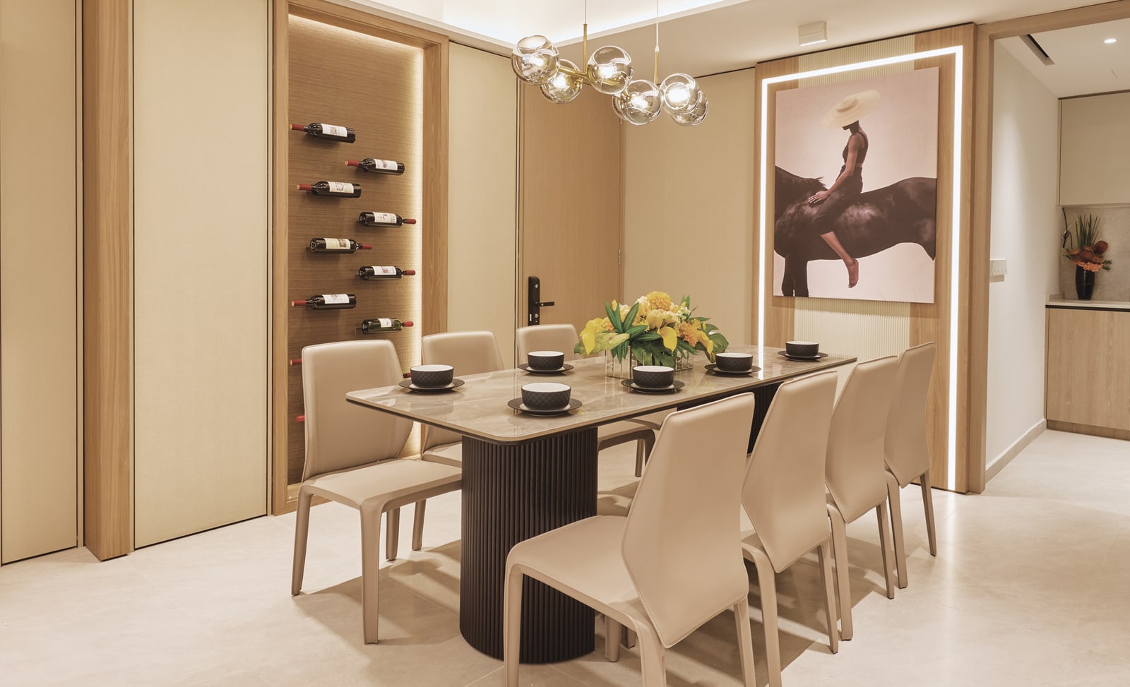 Illustration of a dining area with a table for six and a wine rack