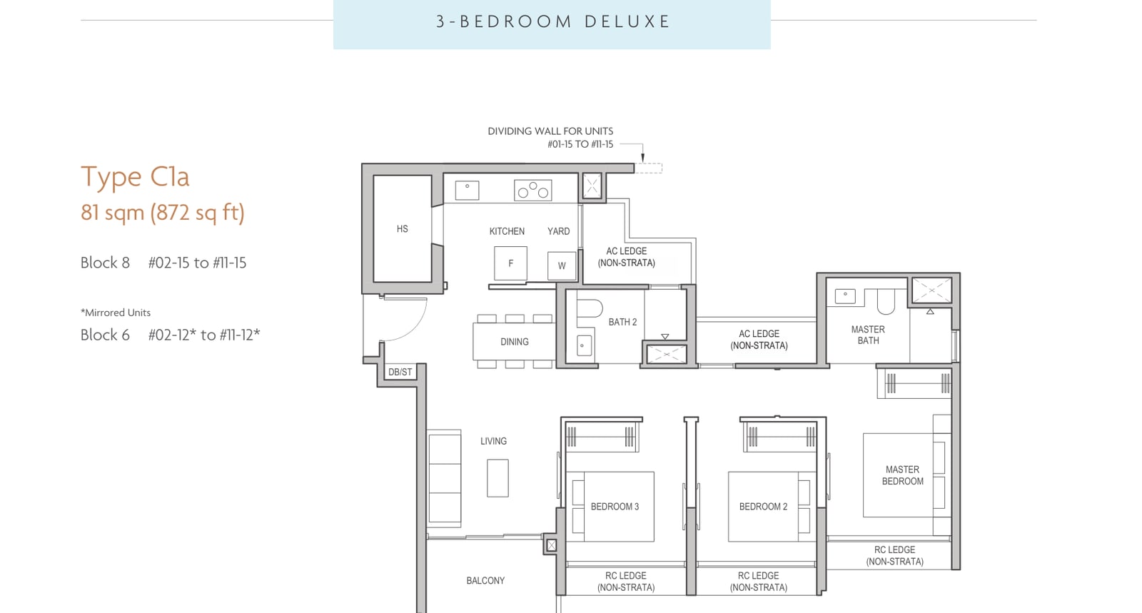 Floor plan of the 3-bedroom deluxe, type C1a, 872 square feet