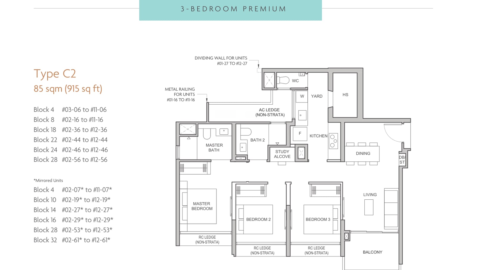 Floor plan of the 3-bedroom premium, type C2, 915 square feet