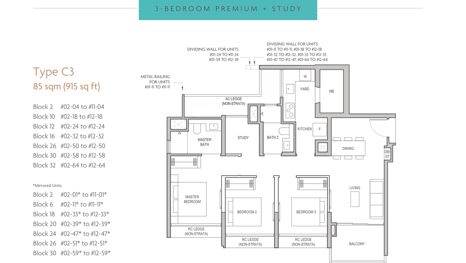 Floor plan of the 3-bedroom premium with study, type C3, 915 square feet