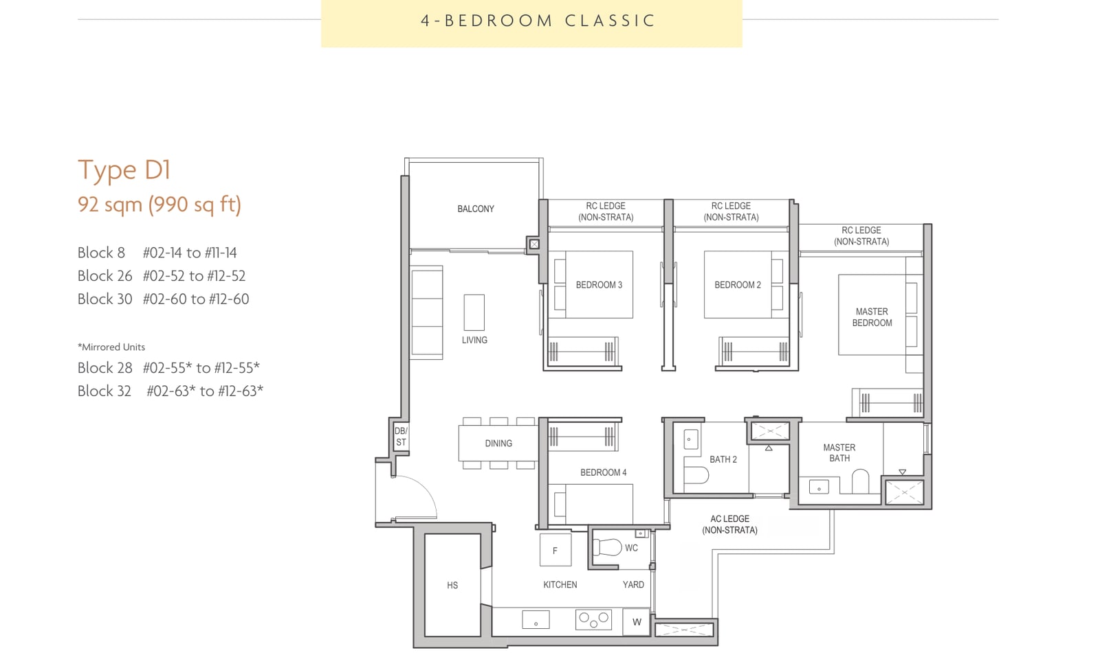 Floor plan of the 4-bedroom classic, type D1, 990 square feet