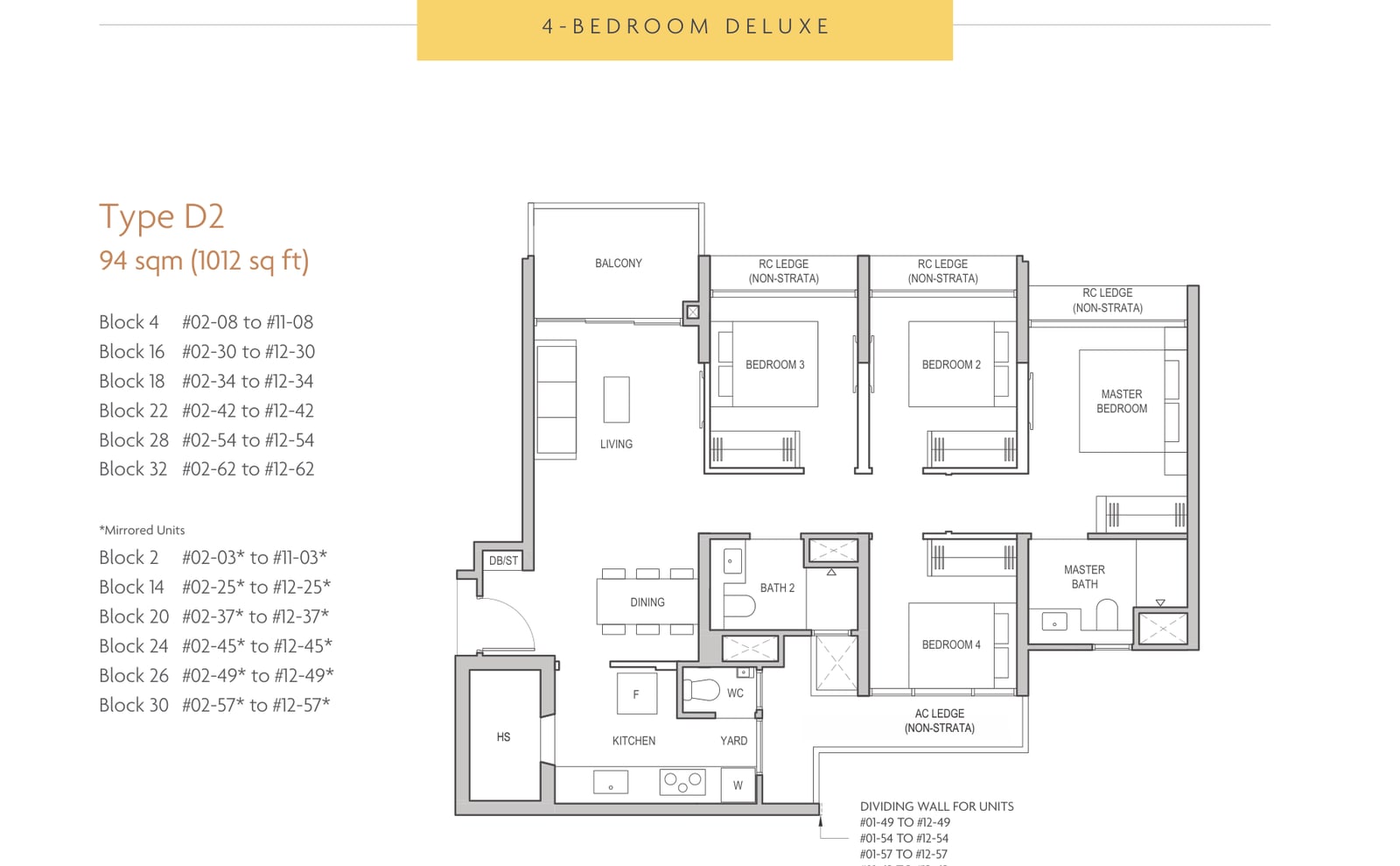 Floor plan of the 4-bedroom deluxe, type D2, 1,012 square feet