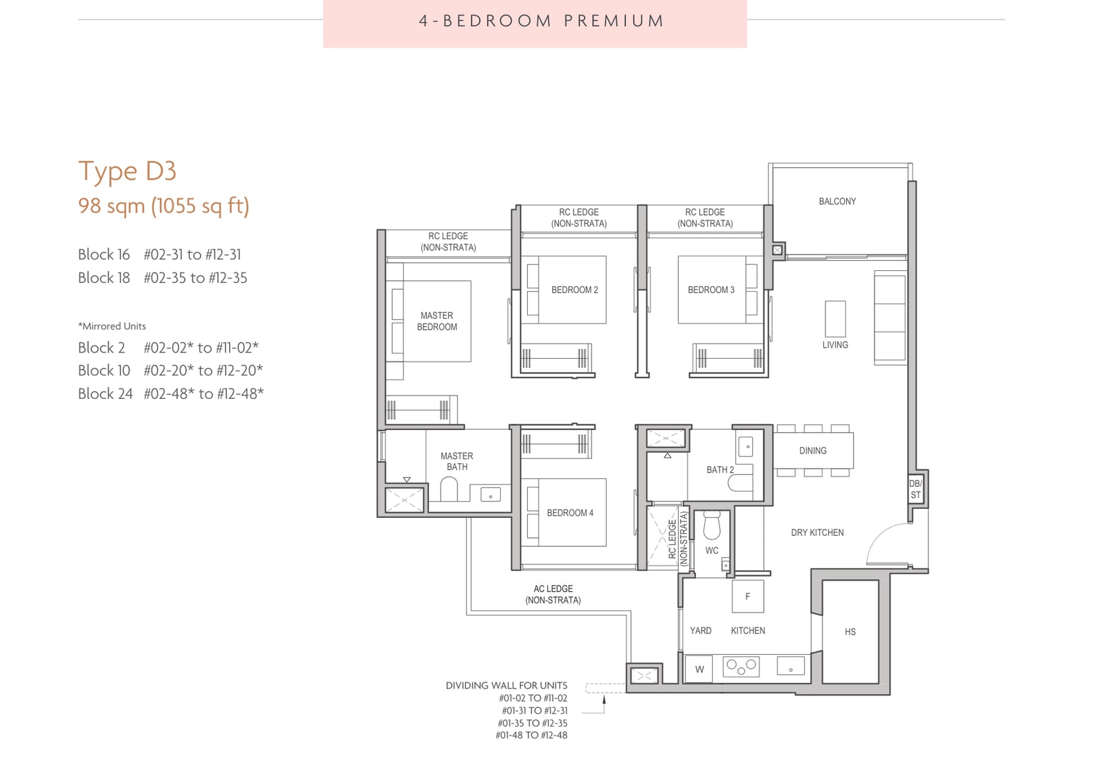 Floor plan of the 4-bedroom premium, type D3, 1,055 square feet