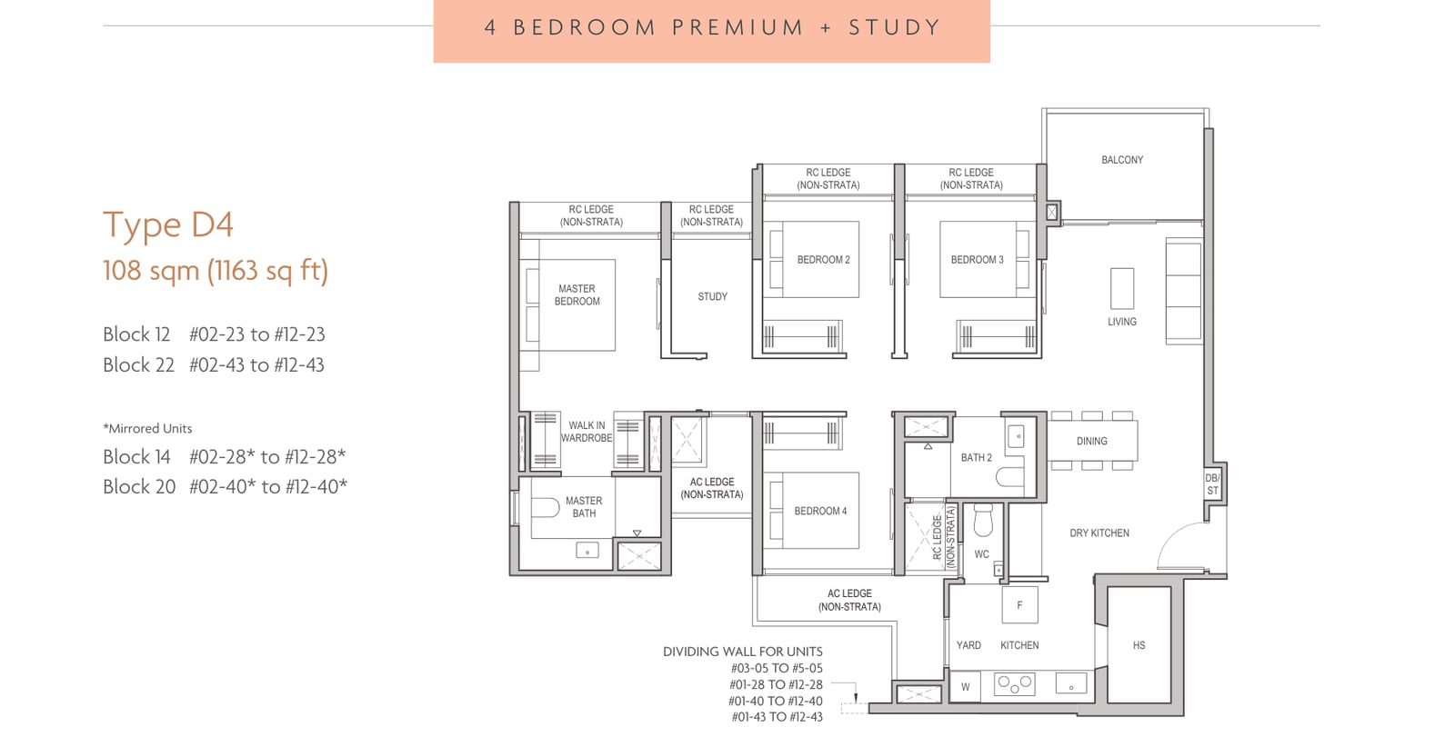 Floor plan of the 4-bedroom premium with study, type D4, 1,163 square feet