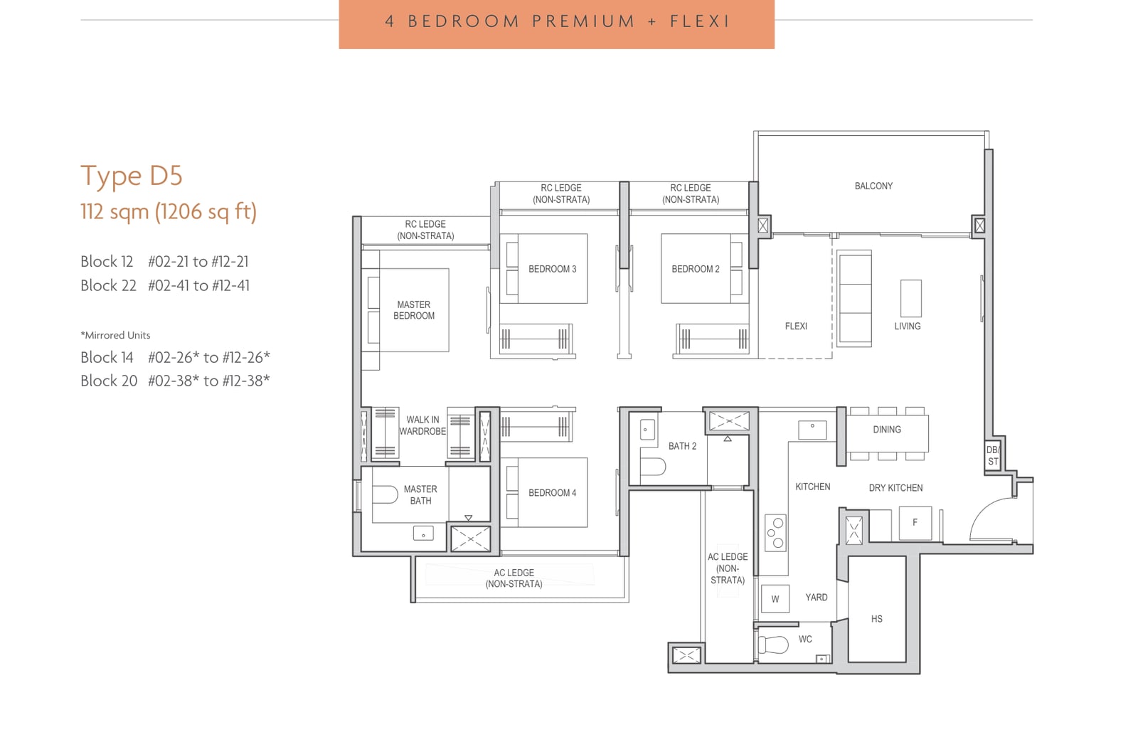 Floor plan of the 4-bedroom premium flexi, type D5, 1,206 square feet