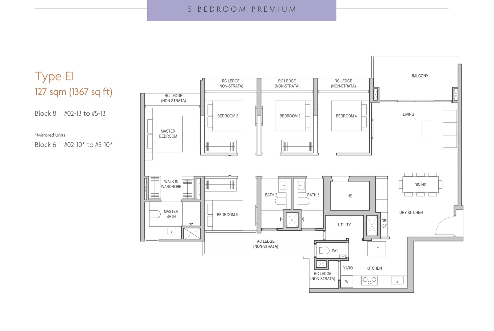 Floor plan of the 5-bedroom premium, type E1, 1,367 square feet
