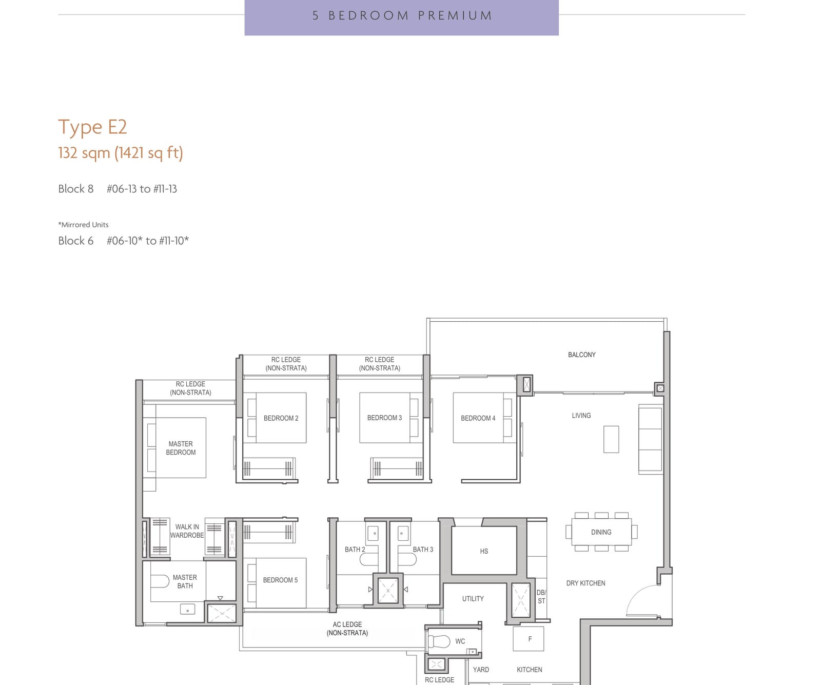 Floor plan of the 5-bedroom premium, type E2, 1,421 square feet