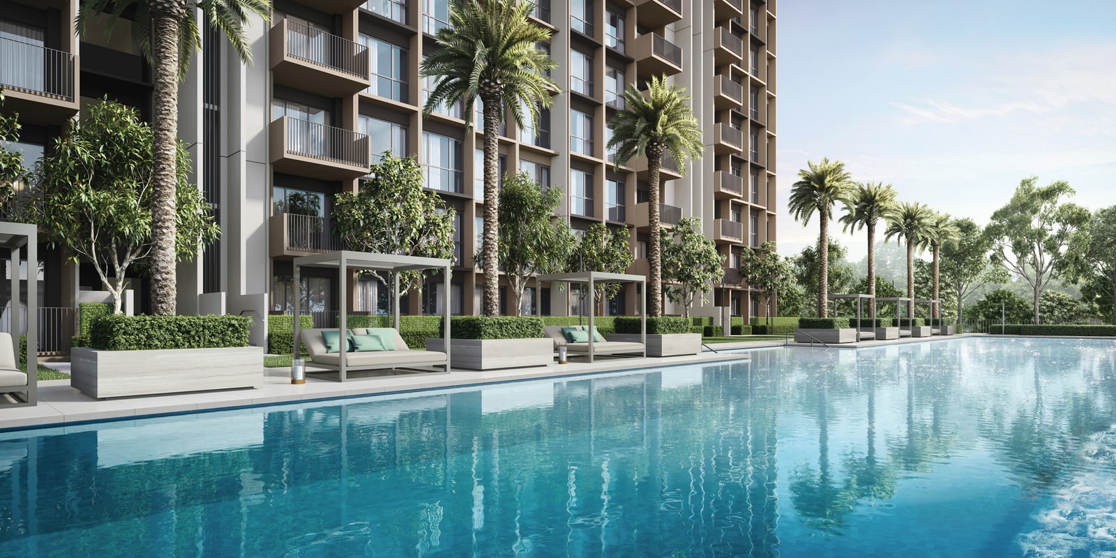 Artist's impression of the 50-metre lifestyle pool with cabanas beside a residential block
