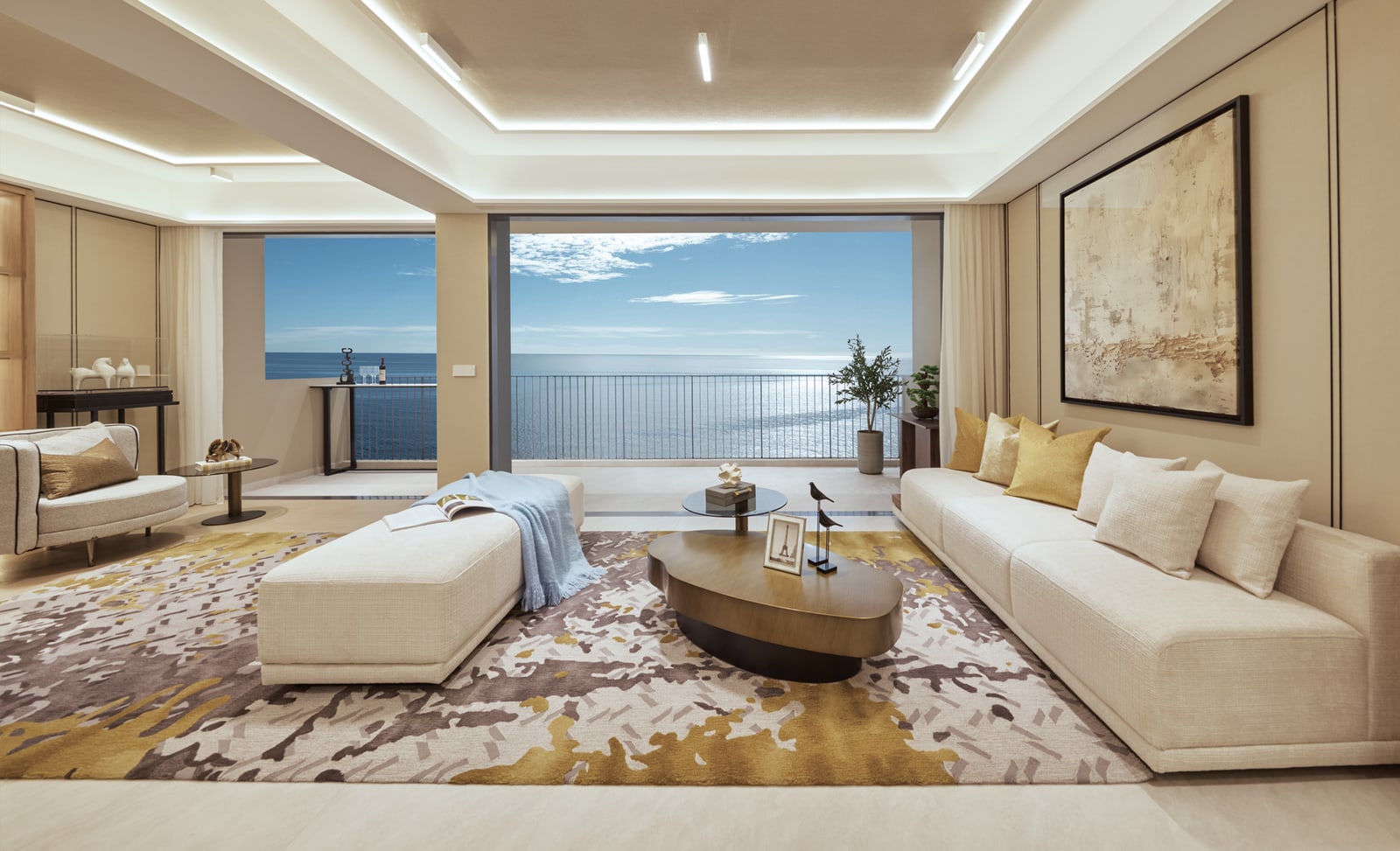 Illustration of a living room with a sofa and a wide window onto the sea