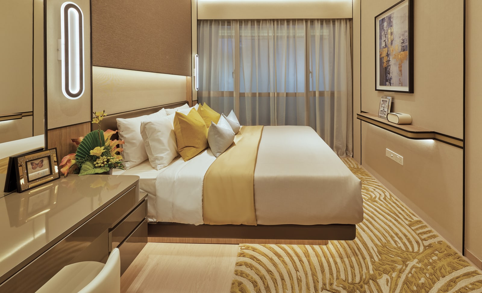 Illustration of a master bedroom with a dressing table and a bed facing a window