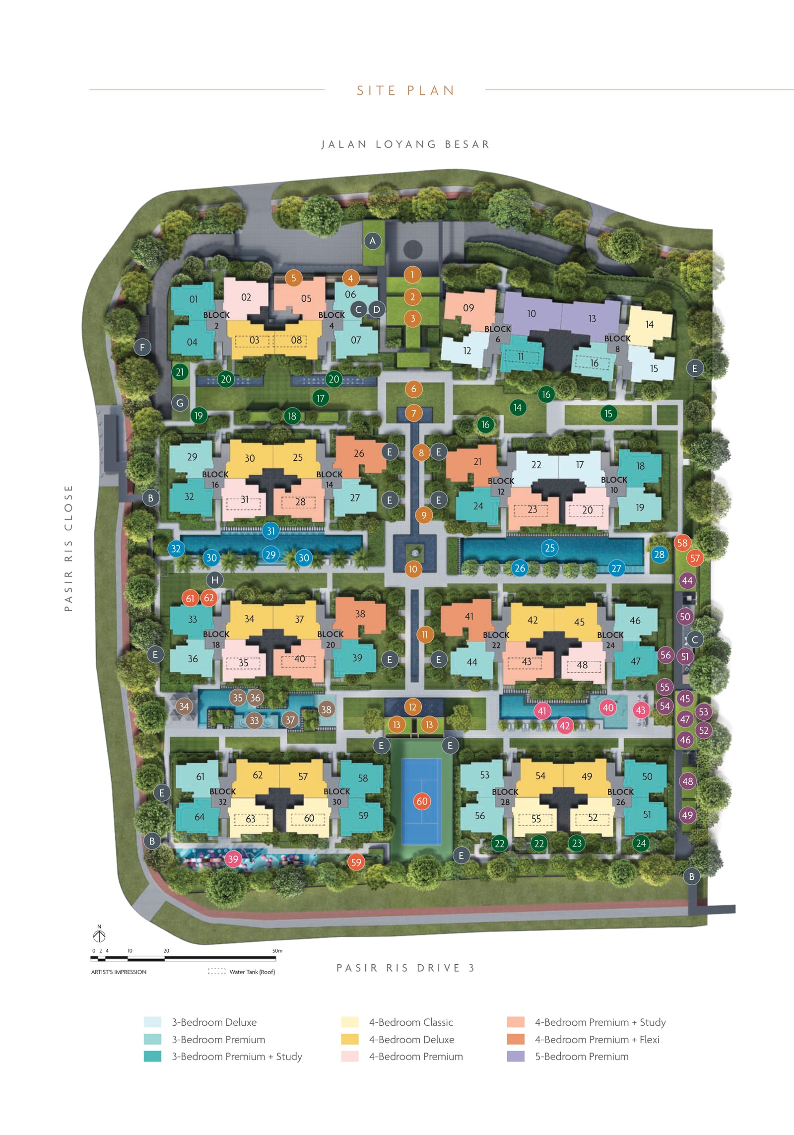 Site plan of Coastal Cabana with the 16 numbered blocks, the pools, lawns and the Grand Boulevard