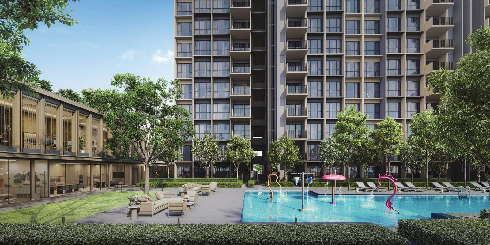 Artist's impression of the splash pool with water sprayers and a residential block behind