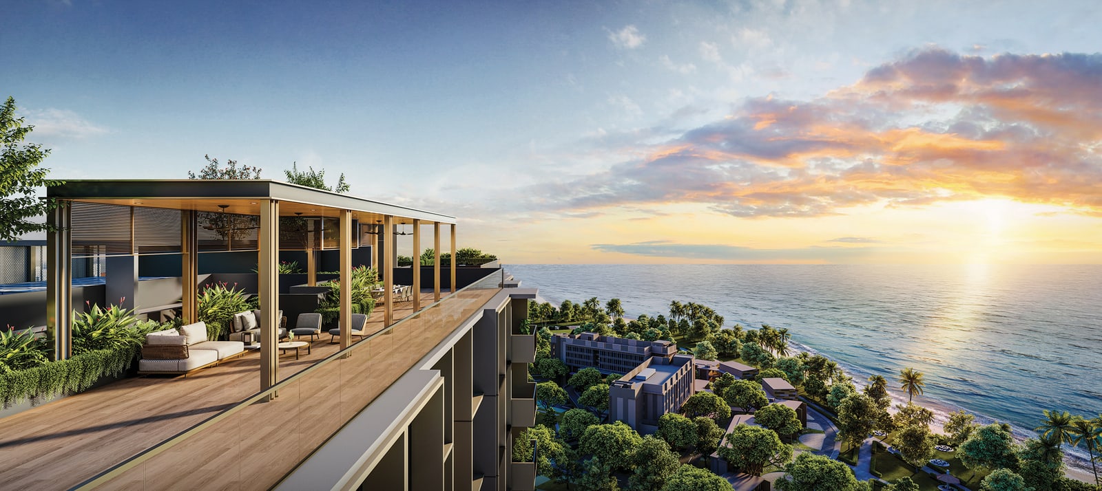 Artist's impression of the Upper Deck roof terrace with a timber pavilion and the sea at sunset