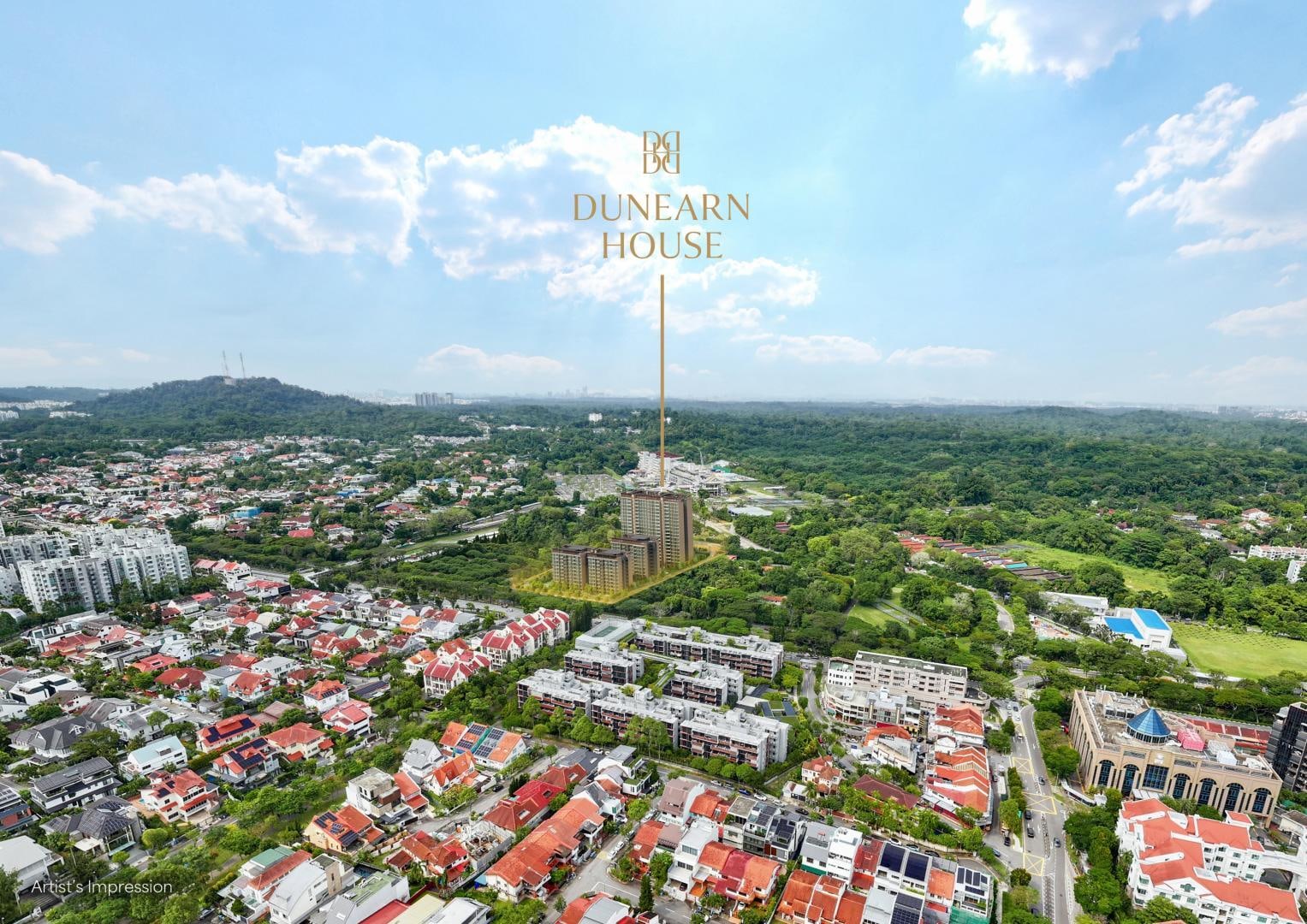 Artist's impression aerial view of Dunearn House among the landed homes and greenery of Bukit Timah