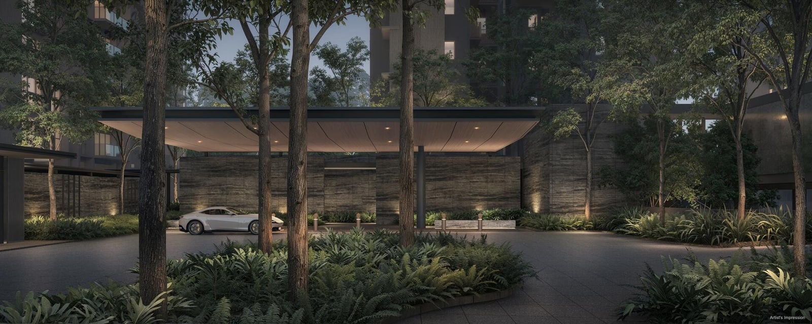 Artist's impression of the grand arrival drop-off under a flat canopy among trees
