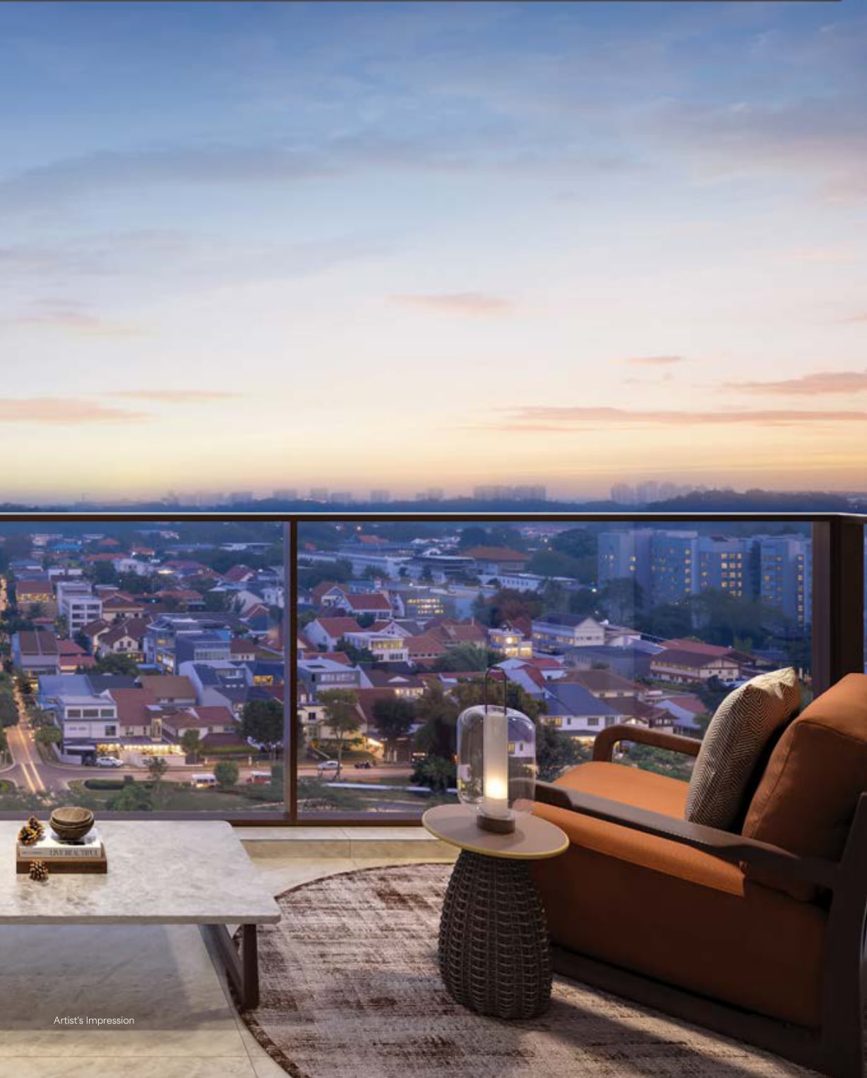 Artist's impression of a balcony at dusk with an armchair and a view over the landed homes of Bukit Timah